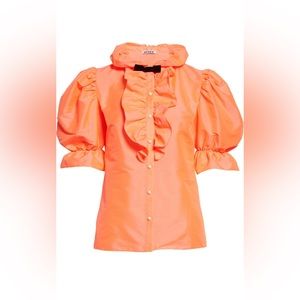 Batsheva Lou Ruffle Poplin Blouse Neon Peachy Pink Size 8